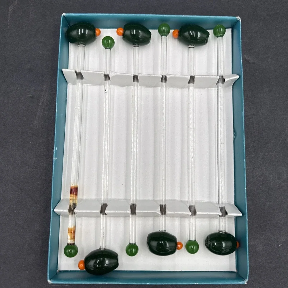 Vintage‎ Hand Blown Glass Drink Stirrers Olives Green GANZ  Set of 6 NOS